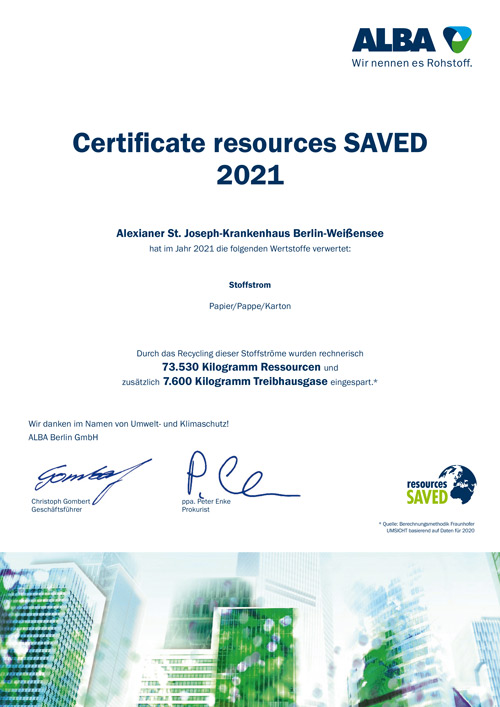 Zertifikat „resources SAVED 2021“ der ALBA Berlin GmbH